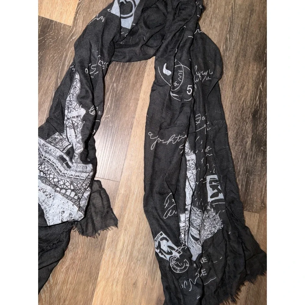 Paris Eiffel Tower Graphic Scarf Black White‎ Script Print Frayed Edge Gauze